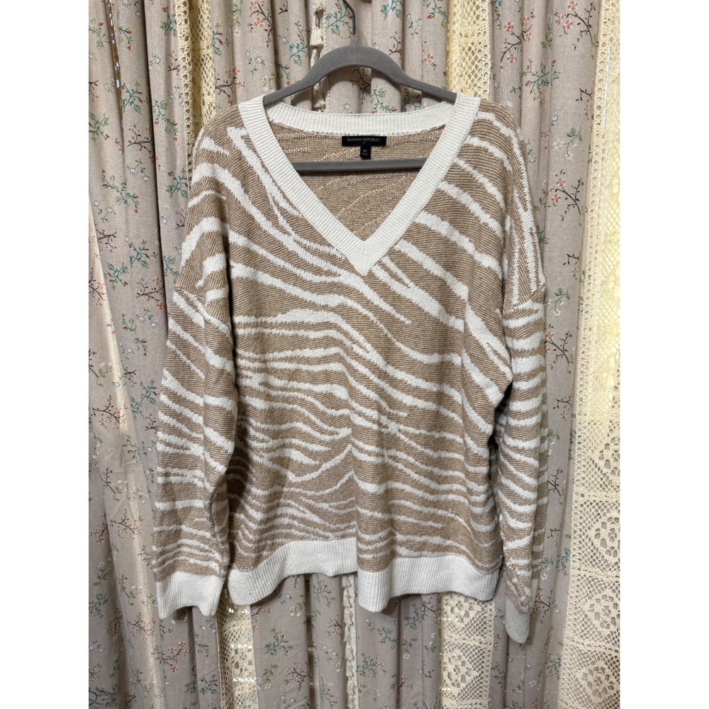 Banana Republic Zebra Print Textured Knit V Neck Sweater XL